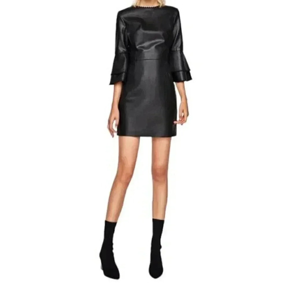 Zara Black Faux Leather Ruffle Sleeves Dress Bell Sleeve Size  Medium - Picture 3 of 15